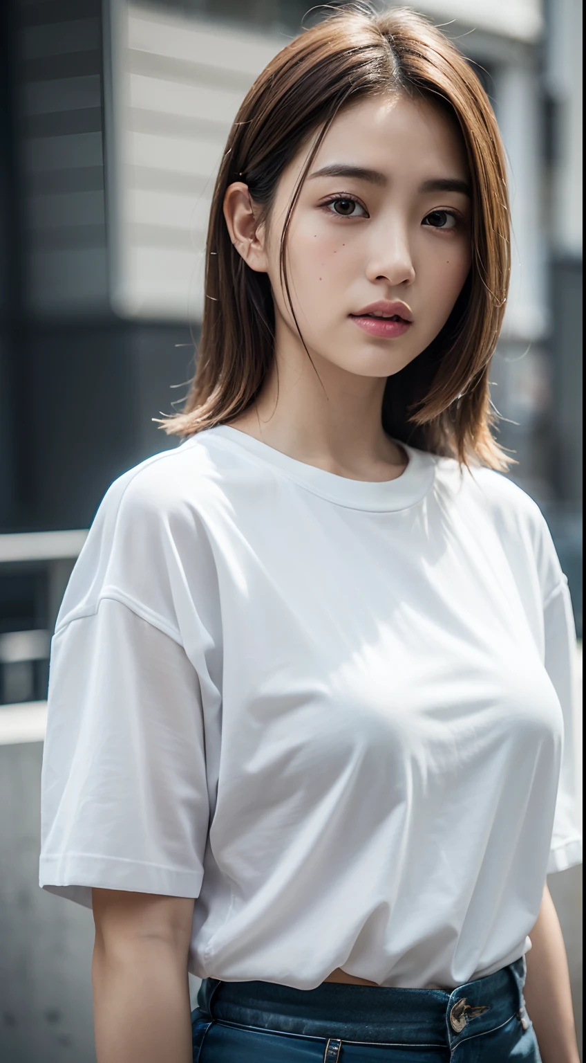 doress、(Photorealsitic:1.4)、(hyper realisitic:1.4)、(realisitic:1.3)、(Smooth lighting:1.05)、(Improved lighting quality in movies:0.9)、32K、1girl in、20 years girl、Realistic lighting、Back lighting、Facial light、raytrace、(brightened light:1.2)、(enhanced quality:1.4)、(Top quality real texture skins:1.4)、finely eye、finerly detailed face、Fine quality eye、(Tired, sleepy and satisfied:0.0)、 close up of face、white t-shirts、(enhance body line mood:1.1)、(Increase the beauty of skin texture:1.1)、((Mio Imada))、Concrete background、Medium hair with a uniform shape on the left and right