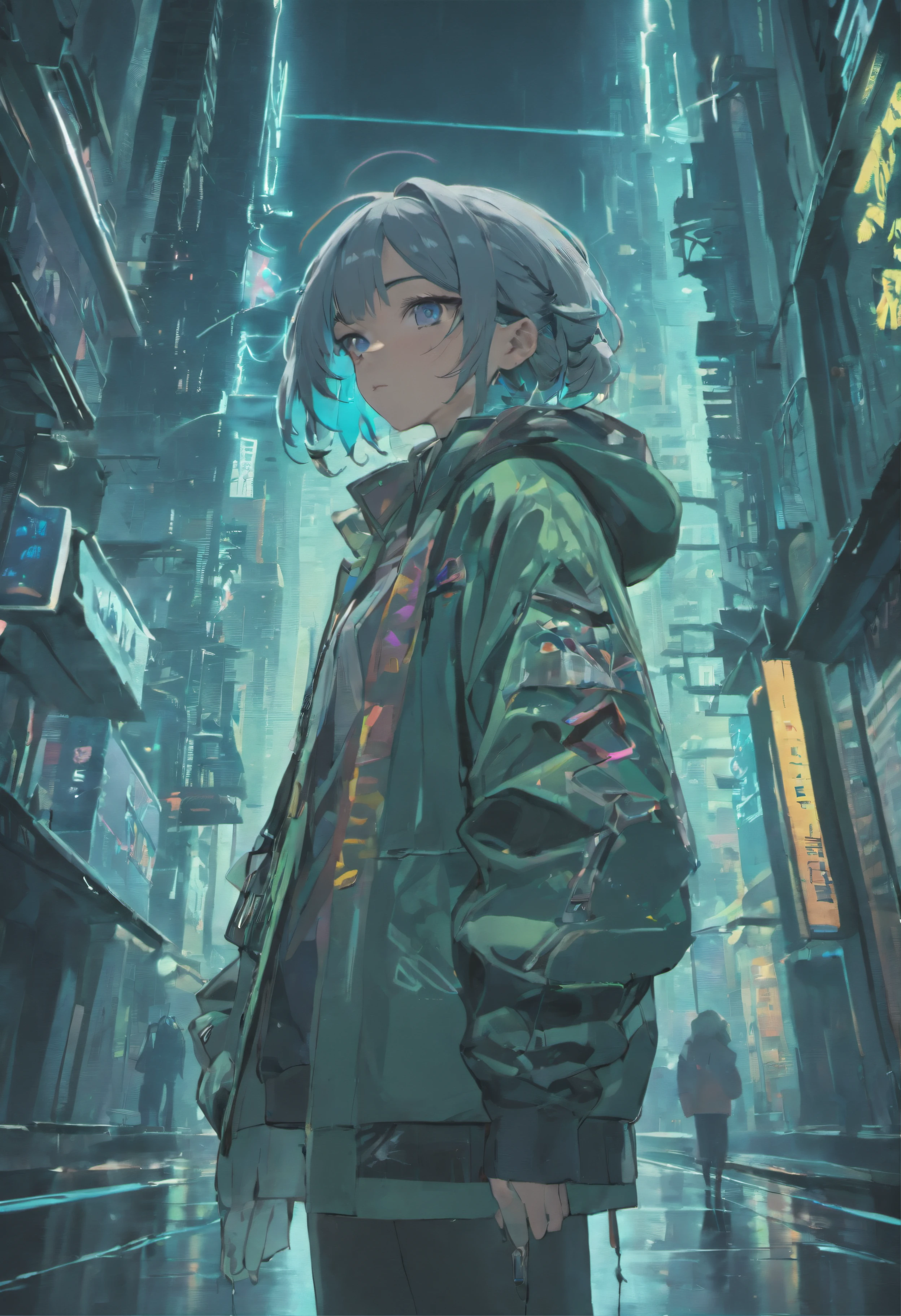 (best quality,4k,8k,highres,masterpiece:1.2),ultra-detailed,(realistic,photorealistic,photo-realistic:1.37),cyberpunk,portrait,girl in a cyber city,neon lights,dystopian future,night scenery,glowing signs,reflective surfaces,dynamic composition,powerful contrast,gritty atmosphere,hooded jacket,punk fashion,digital enhancements,vibrant colors,futuristic skyscrapers,hovering vehicles,advanced technology,high-tech gadgets,futuristic metropolitan,industrial structures,urban decay,smoke and fog,rainy streets,lens flares,moving crowds,tranquil expression,sharp features,intense gaze,holographic displays,intricate tattoos,ear piercing,graffiti-covered walls,street art,hidden alleys,secret shortcuts,abandoned warehouses,mysterious shadows,fast-paced motion,long exposure shots,city as a reflection of the protagonist's character.