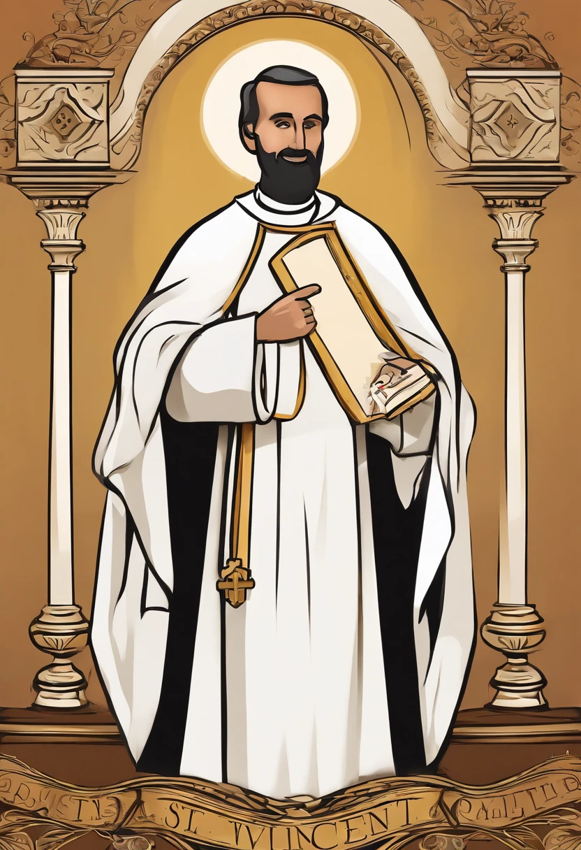 A Disney pixar-inspired movie poster with title "(St. Vincent Pallotti)". (Roman Catholic priest, saint, 55 years old, thin, short, a little stooped, has hair only on the back of his head, long and thin nose. He dresses in a black cassock without buttons, a Roman collar with a V-neck, a mozeta at the waist and a sash at the waist. In his right hand a crucifix which he points to with the other hand). The scene should be in the distinct digital art style of pixar, with a focus on character expressions, vibrant colors and detailed texture that are characteristic of their animations with the title "(St. Vincent Pallotti)"