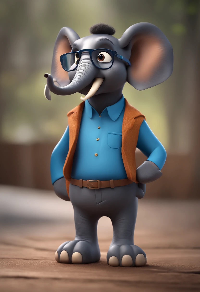 Cartoon character of an elephant with black glasses and a blue shirt, animation character, Caractere estilizado, animation style rendering, 3D estilizado, Arnold Maya render, 3 d render stylized, toon render keyshot, Personagem 3D, Personagem 3D, 3d rendering stylized, 3 d character render, personagem de desenho animado, Personagem de close up, Pose de personagem, (Estilo Pixar) (master part:1.2) (Bokeh) (best quality) (pele detalhada) (textura detalhada) (8k) (argila) (Cinematic lighting) (foco nítido