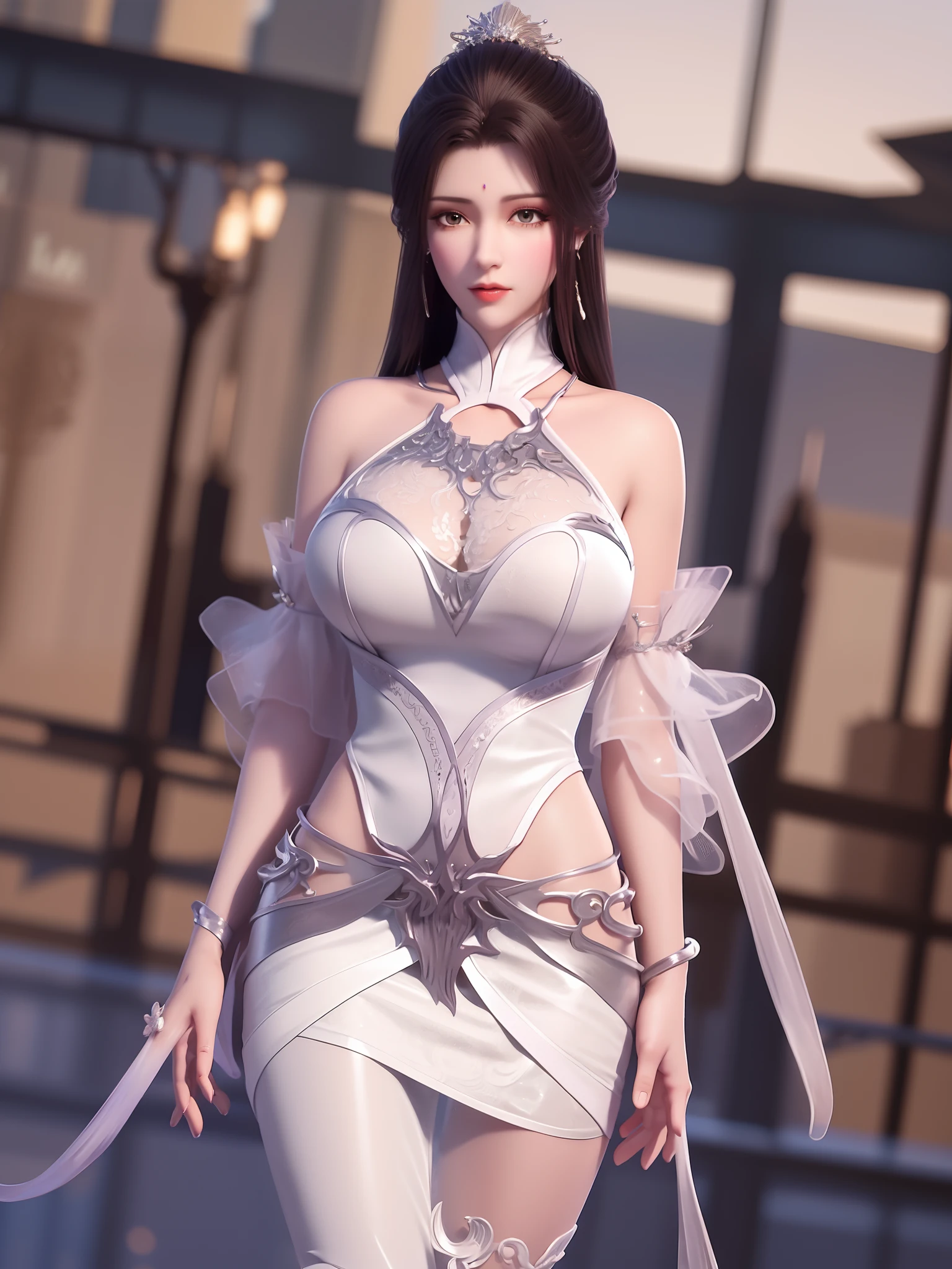 1girl, mature female,short dress, cityscape, looking at viewer, detached sleeves, hair ornament,forehead mark,cowboy shot,high ponytail, metal trim,bra,see-through, upskirt, sexy, female genital, up leg