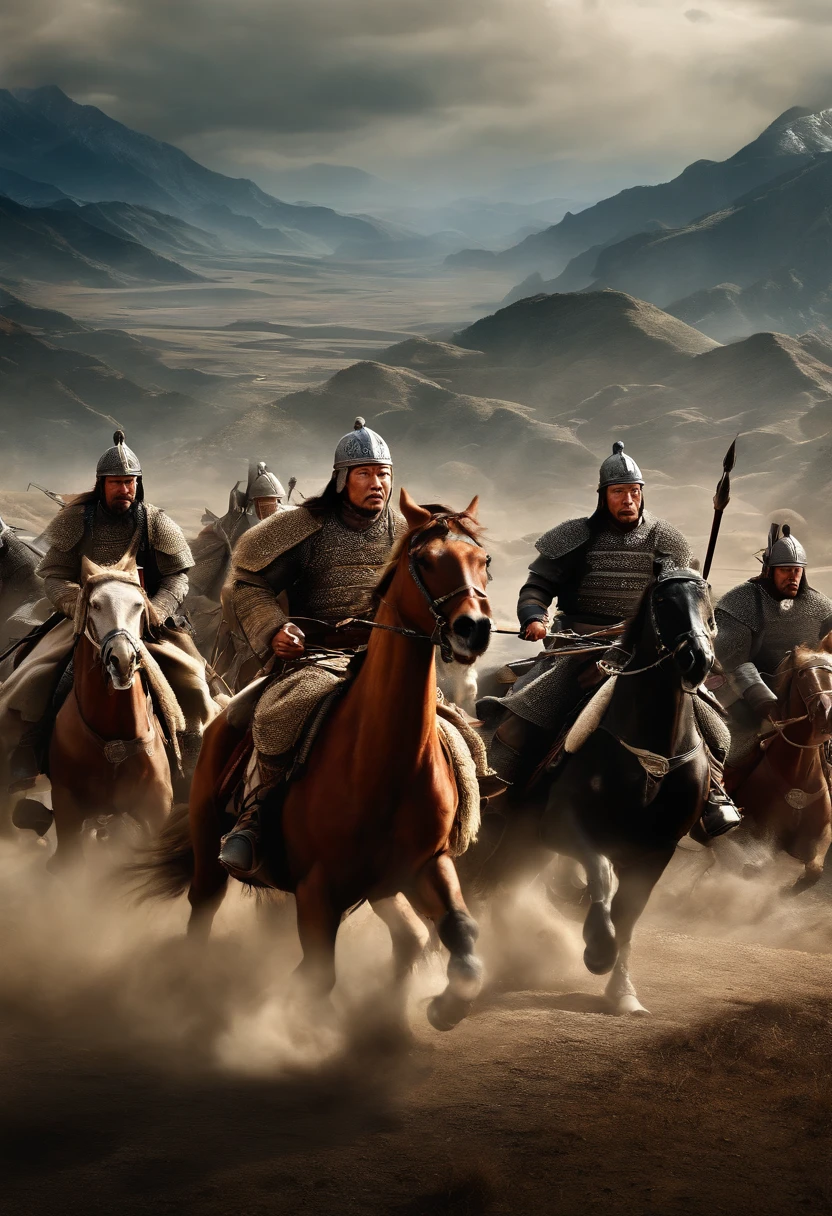 best quality,4k,highres,masterpiece:1.2,ultra-detailed,realistic:1.37,Cengiz Han's Empire Formation,Mongolian Tribes Unite,conquerors on horseback,dominating the vast steppes,majestic Mongolian warriors,historical battle scenes,dense cavalry formations,breathtaking landscapes with rolling hills,grassy plains and distant mountains,strong military presence,imposing forts and fortresses,tribal chieftains negotiating alliances,elegant Mongol tents and camps,ornate traditional costumes and armor,flags and banners fluttering in the wind,dramatic sunset light casting long shadows over the empire,golden hues enveloping the scene,powerful and influential leaders shaping history,Mongol banners fluttering in the wind,unstoppable march towards conquest,warrior conveys strength and determination,horses galloping with intensity,expression of unity and brotherhood among the tribes,imperial symbol of a mighty eagle soaring across the sky,scenic landscapes painted with vivid colors,authentic portrayal of historical accuracy