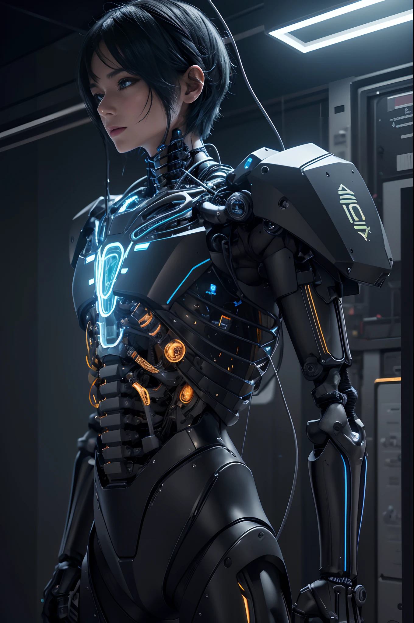 1 Only the upper body was hung,The skeleton and internal circuits of the machine are built,Mechanical Boy,((super realistic details)),A small sparkling blue crystal on the left chest,Half of the jaw is a machine,Boat Rate,globalillumination,Shadu,octan render,8K,ultrasharp,metal,Convolut,Ornament Detail,Cold color,Egyptian Detail,highly intricate detail,Realistic luminescence,Trends in CGS Society、radiant eyes、Camera orientation、Neon Detail、Mechanical limbs、Blood vessels connected to tubes、Mechanical vertebrae attached to the back、Mechanical cervical neck is attached,、Sedentary posture、Wires and cables tied to the head、Short-haired handsome with black hair、Connected to many cables、The exterior emits LEDs that have no color、android、Half of the body is mechanical、Internal structure of the machine、Lots of wires and cables、to be continued,