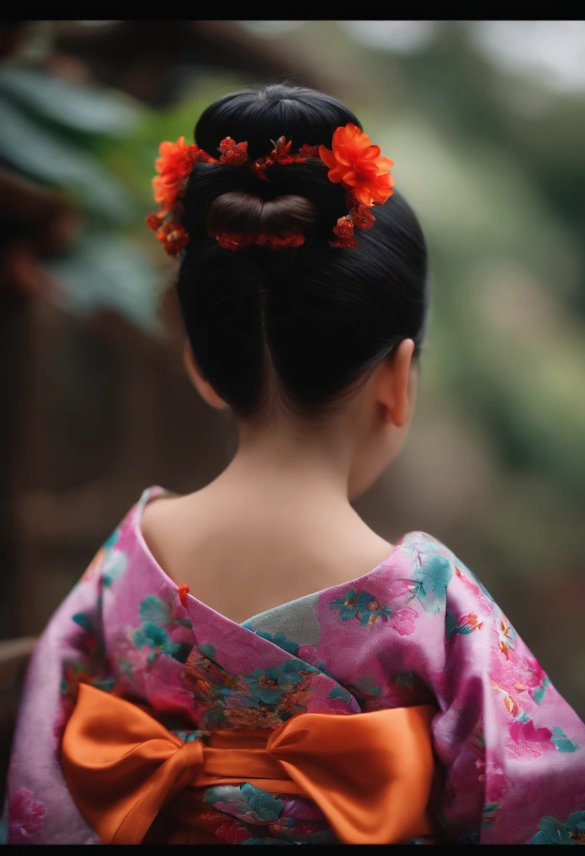 Gostaria de uma menina de 6 anos, cabelos volumoso, coloridos e longos. Olhos cantanhos, sorridente, de kimono de luta preto. Estilo pixar.