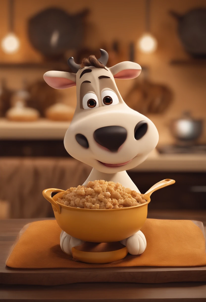 Obra-prima, de melhor qualidade, uma vaca simpatica, mascote, vaca vestida de chef de cozinha, Beige haul on the neck, olhos castanho claro, branca com poucas manchas pretas, com sorriso, estilo pixar disney 3d texturizado