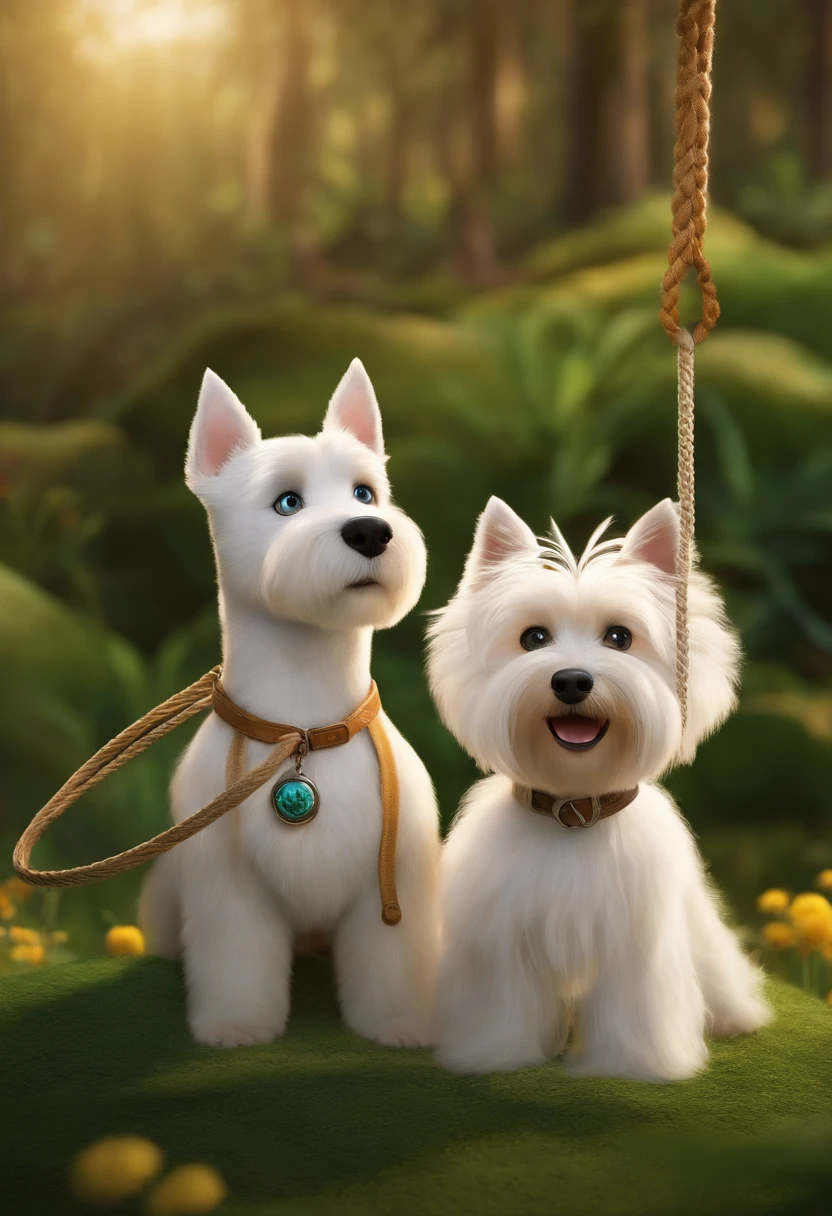 Um filme inspirado na Disney Pixar SOUL (homem branco, olhos verdes, orelha colada cabelo curto castanho claro jogado para o lado direito, without glasses) Standing with a Westie dog with lasso inside The scene being in the distinctive art of the PIXAR style,