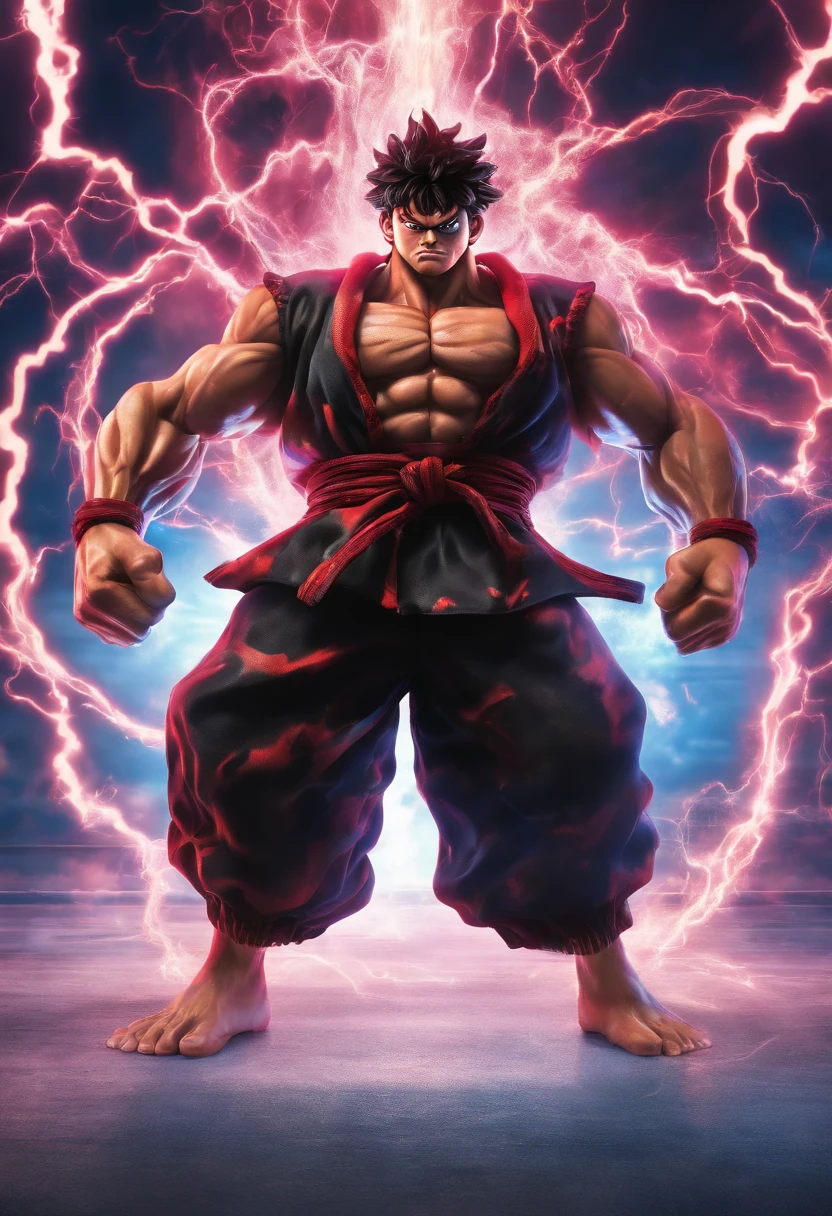 3d realistic rendering of Luffy Gear 4, surrounded by lightning, big muscular, full body photography, hyperrealistic