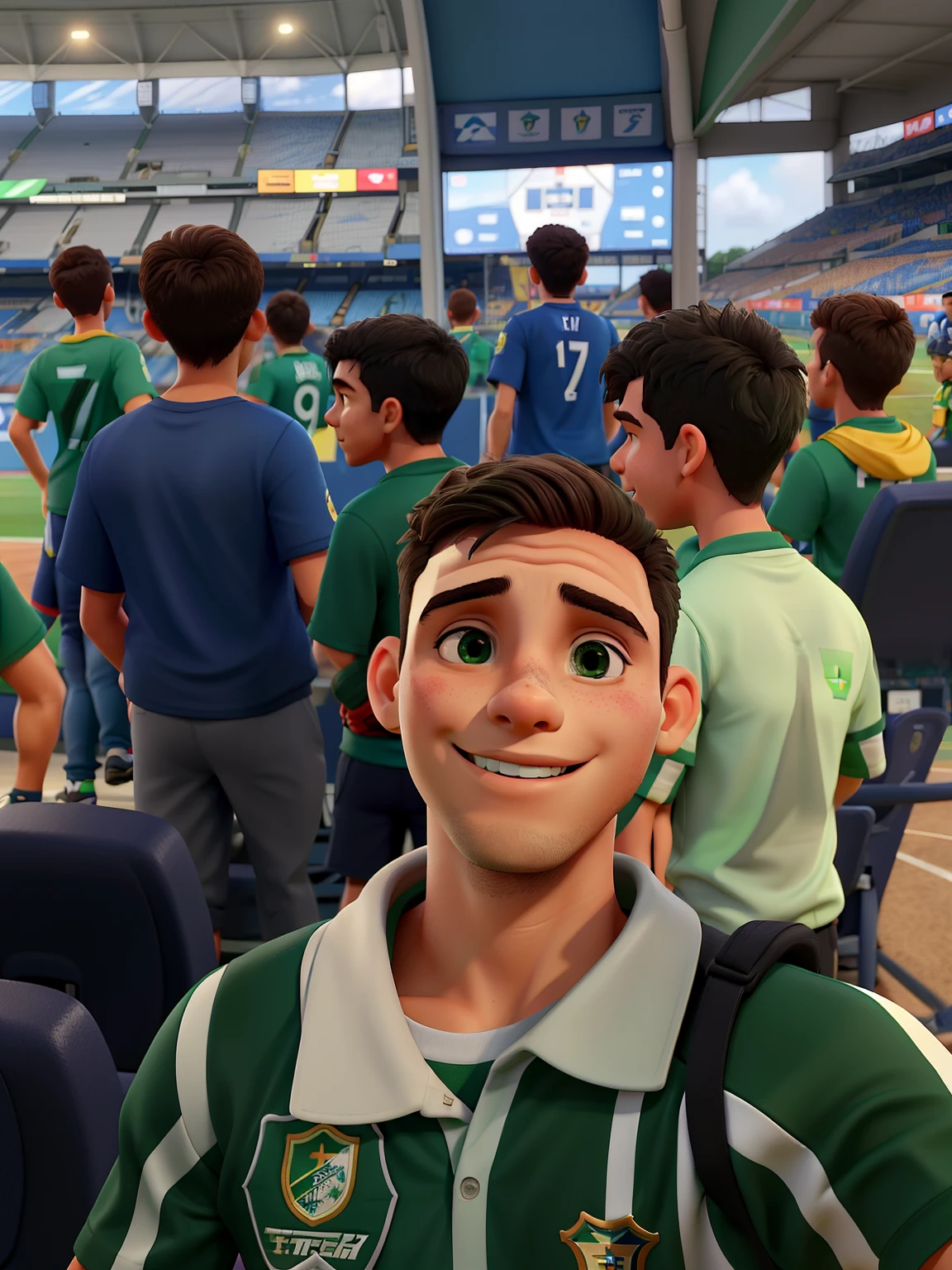 um menino de 22 anos, tirando uma selfie sorrindo  em um estadio de futebol, ilumindado, com a camiseta de um time de futebol, verde com listras brancas e de gola,