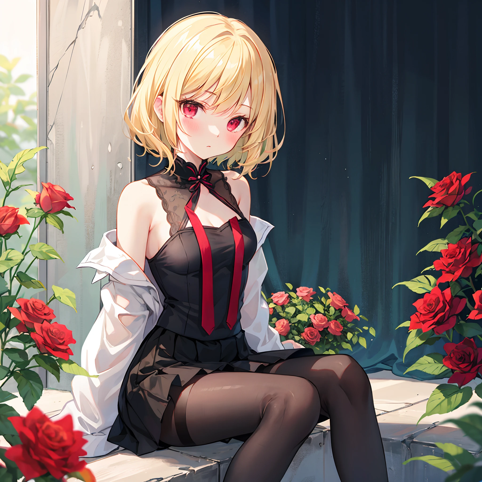 short wavy blonde hair、Red-eyed girl、独奏、Sitting surrounded by roses、red blush、off shoulders、a miniskirt、Black tights