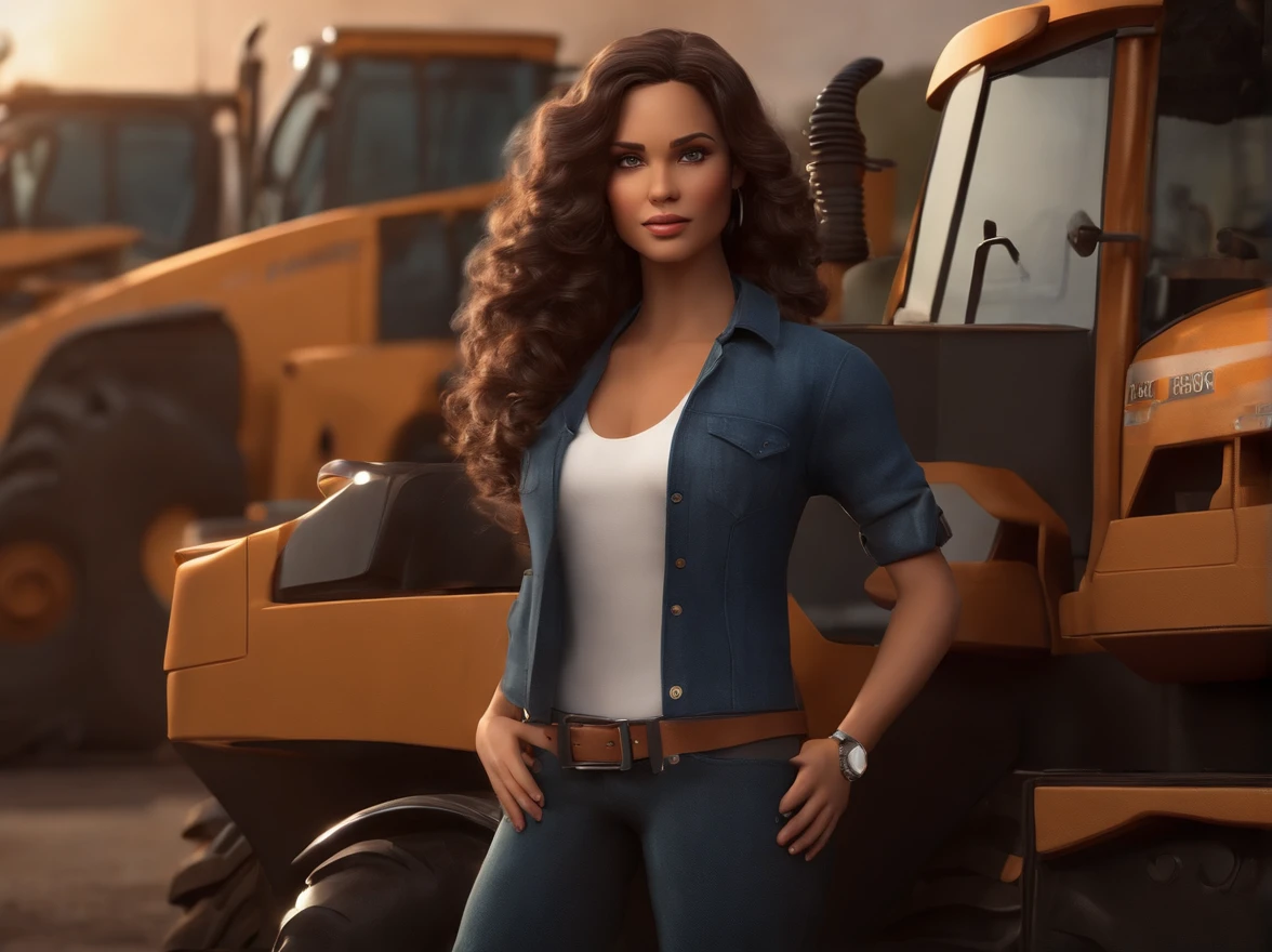 Personagem de desenho animado de uma mulher, cabelos pretos, lisos e longos, olhos castanhos, um personagem animado, pose de personagem, que represente uma empresa, Personagem 3D, In front of heavy machinery, industriais, estilo Pixar, com alta qualidade.