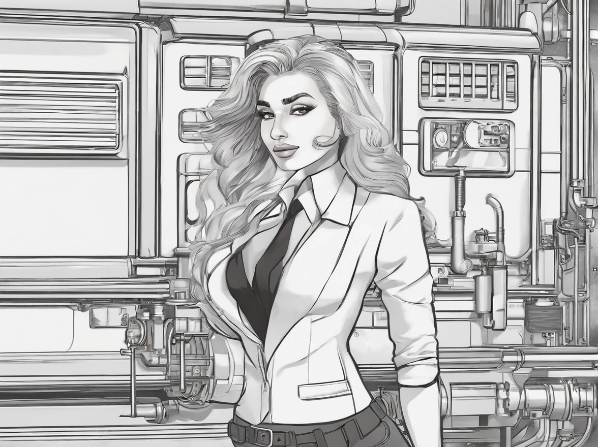 Personagem de desenho animado de uma mulher, cabelos pretos, lisos e longos, olhos castanhos, um personagem animado, pose de personagem, que represente uma empresa, Personagem 3D, In front of heavy machinery, industriais, estilo Pixar, com alta qualidade.