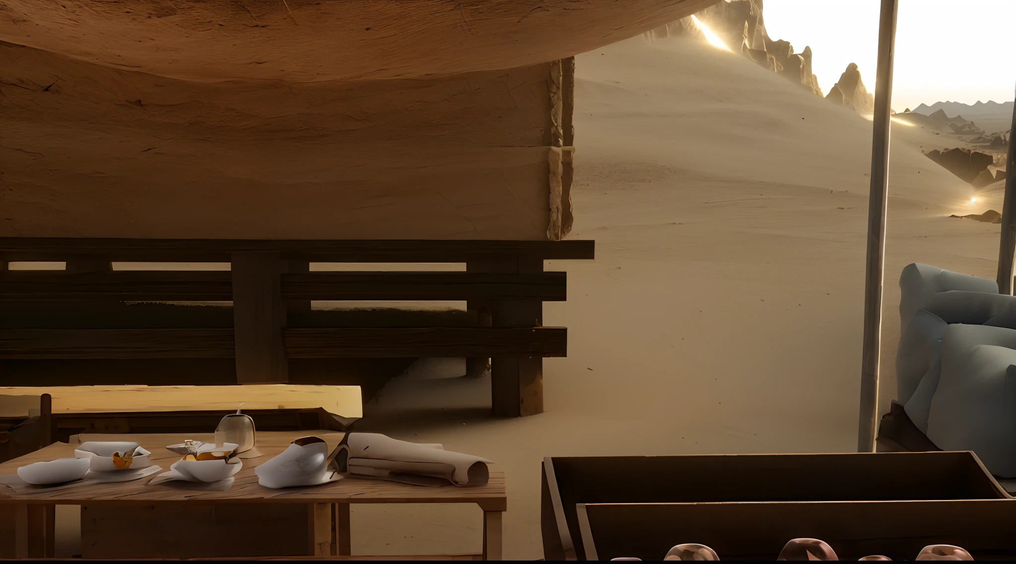 there are many chairs and tables in a room with a yellow sky, stylized as a 3d render, desert city, solarpunk cantine, rendered in pov - ray, 3 d render stylized, stylized 3d render, raytraced render, solarpunk village, sunrise over solarpunk city, in a futuristic desert palace, merchant tents