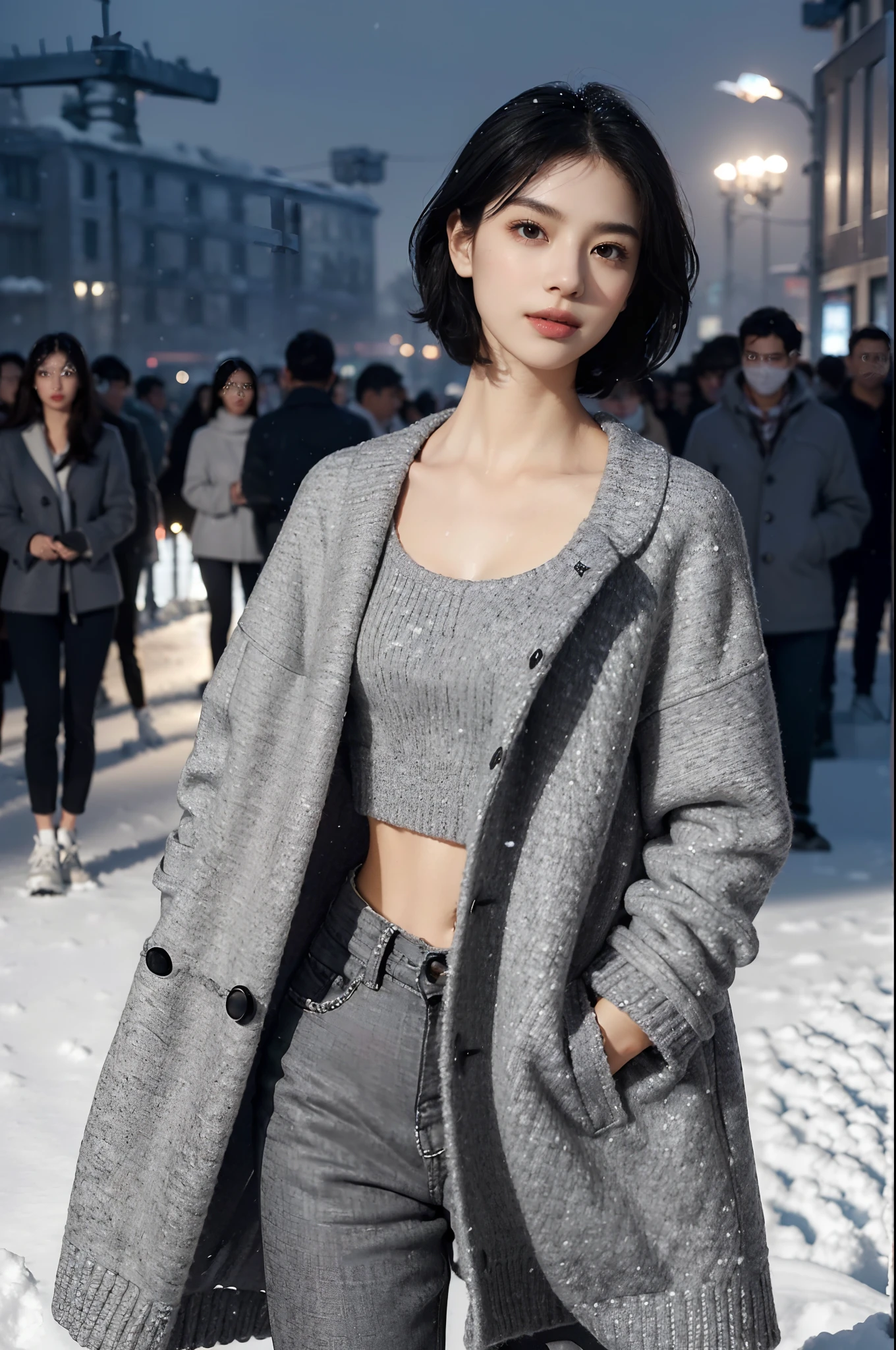 (shoulder length straight short black hair:1.2),((((8k))),(Extremely meticulous CG) ,(wallpaper),16k,(Extremely refined and beautiful），（Masterpiece），（best qualtiy：1.0），（Ultra High Resolution：1.0），beautiful light up，Perfect lightning，realistic shaded，[A high resolution],(Smooth and flawless fair skin:1.5),Extremely exquisite facial details,(perfect body：1.1),ultra - detailed,A beautiful girl,small head,(Small breasts:1.1),Flat chests，slim，thin，Smile，cheerfulness,(Light gray woolen coat:1.5),(gray shirt:1.4),(black pants:1.3),(white sneakers:1.2),slender legs,(nightfall:1.5),Sunset light,(Surrounded by a crowded crowd:1.5),At the school gate,(upper body:1.1),from front,(snowy weather:1.1),standing