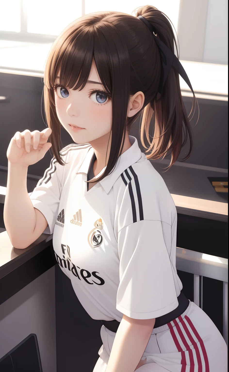 1girl, solo, real madrid jersey, ponytail hair, high tight, nakano nino