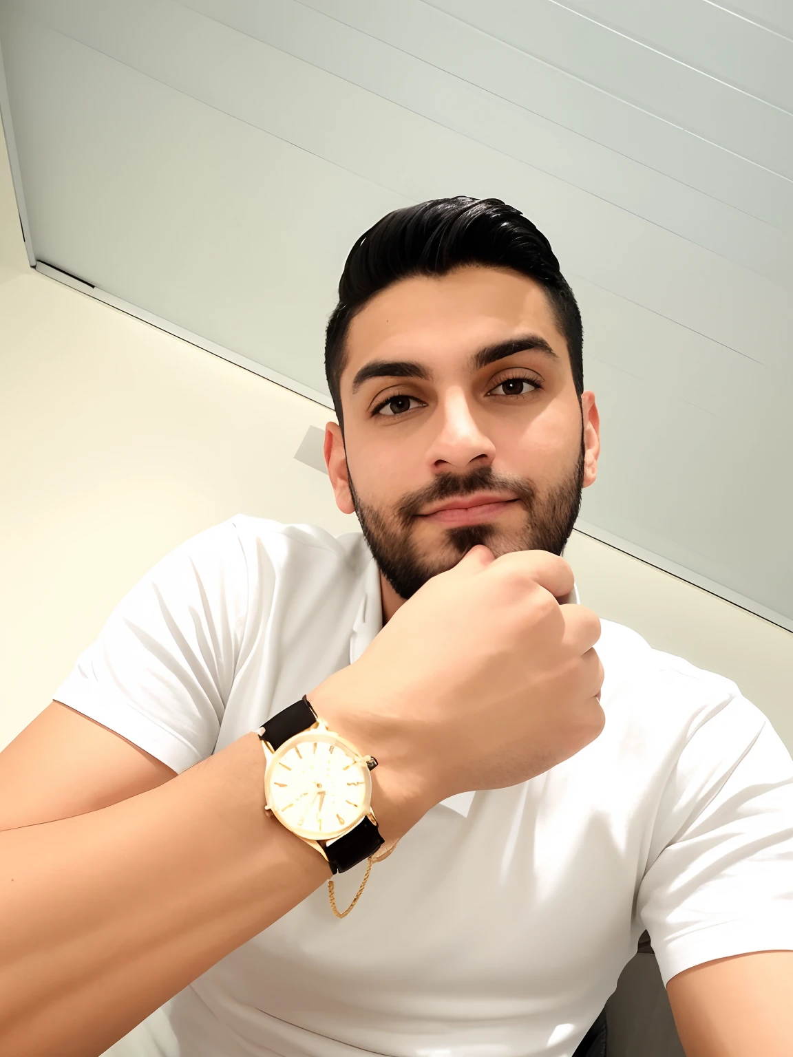 there is a man, holding gold watch, wears a watch,  29 anos, usando um parker, Retrato tirado 8 K, cara bonita, foto de perfil profissional, com uma barba pequena, cabelo castanho, mexa branca, desenho animado