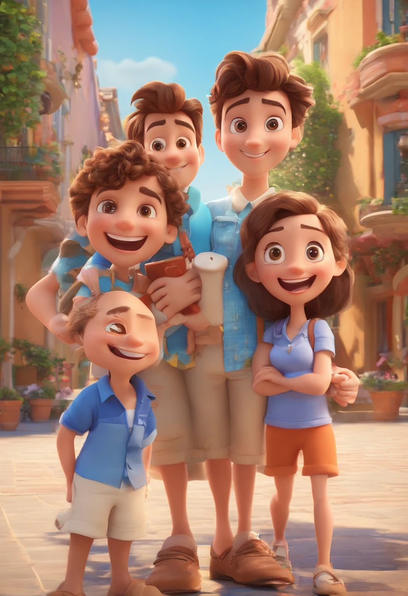 Cartoon of friends having fun on vacation together, 3D Animation Movie Poster, Poster de filme animado, pixar 3 d animation style, pixar renderman rendering, maia 8 mil, animated film, Disney Pixar Estilo 3D, amigos felizes saem juntos, all wearing light blue shirts and cream brown long pants, camisa azul clara, cream brown pants, ao ar livre, vacation, Disney Pixar Animation Poster