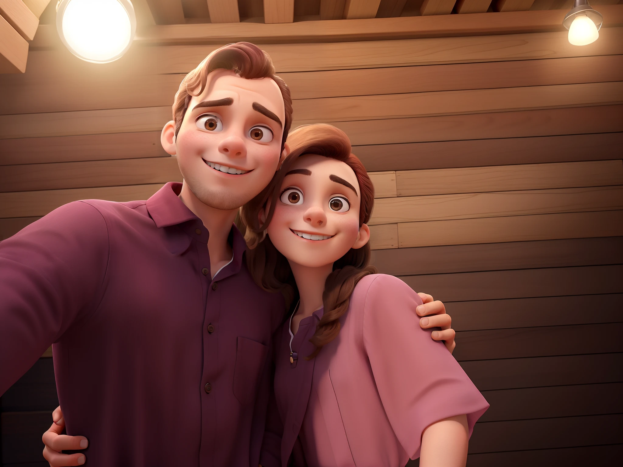 Obra-prima, de melhor qualidade, um casal de jovens elegantes, The young man wearing a burgundy button-down dress blouse, e a jovem vestindo um vestido rosa, Standing in wooden house