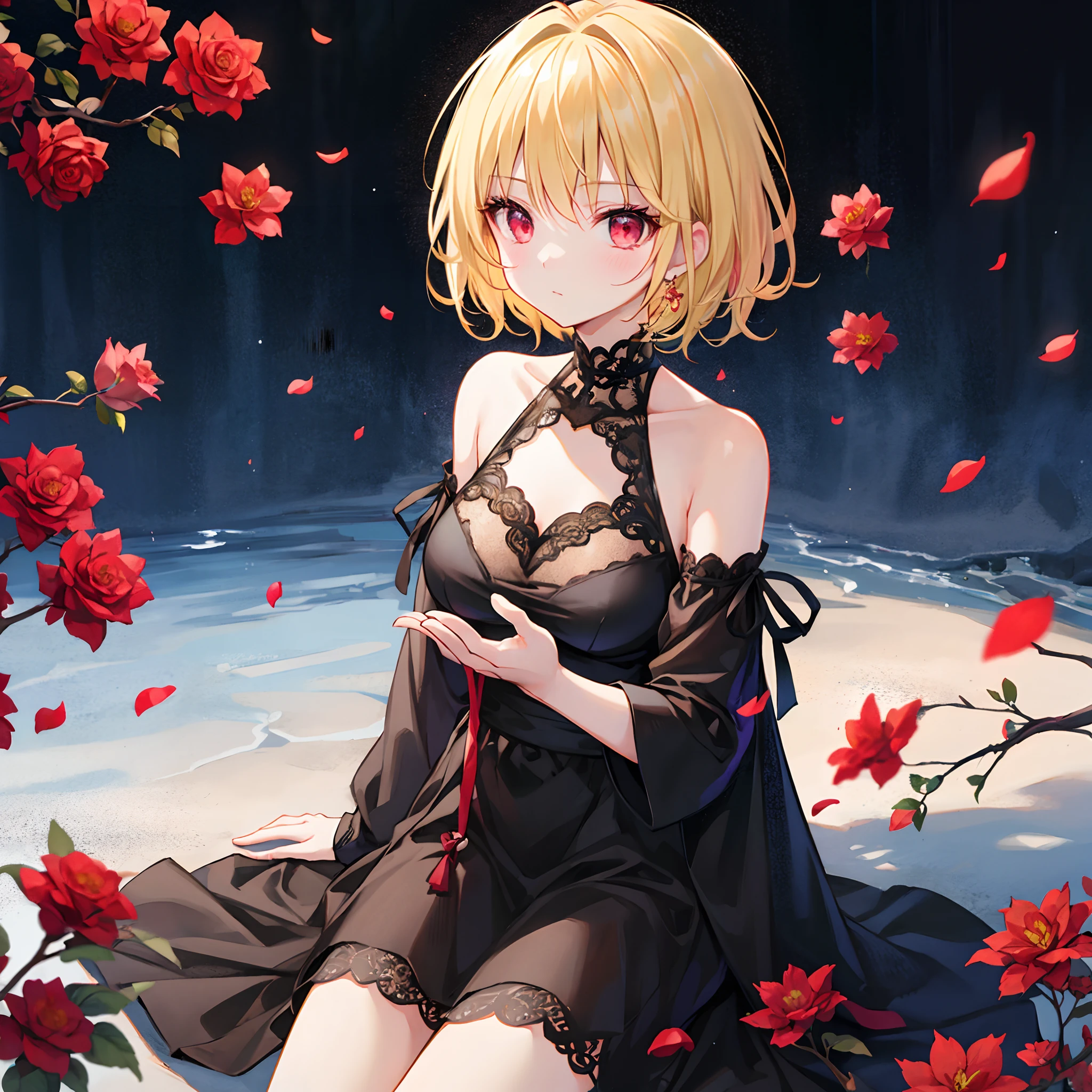 short blonde hair、Red-eyed girl、Sitting surrounded by roses、black sexy dress、