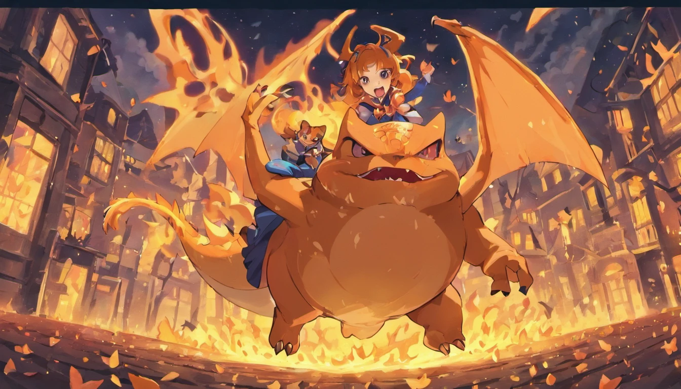 Charizard has fun celebrating Halloween and handing out candy with friends