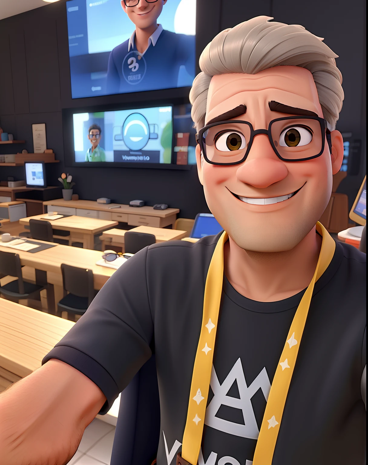 Um homem, um pouco mais velho, sorrindo, usando oculos, selfie, estilo disney, alta qualidade, melhor qualidade