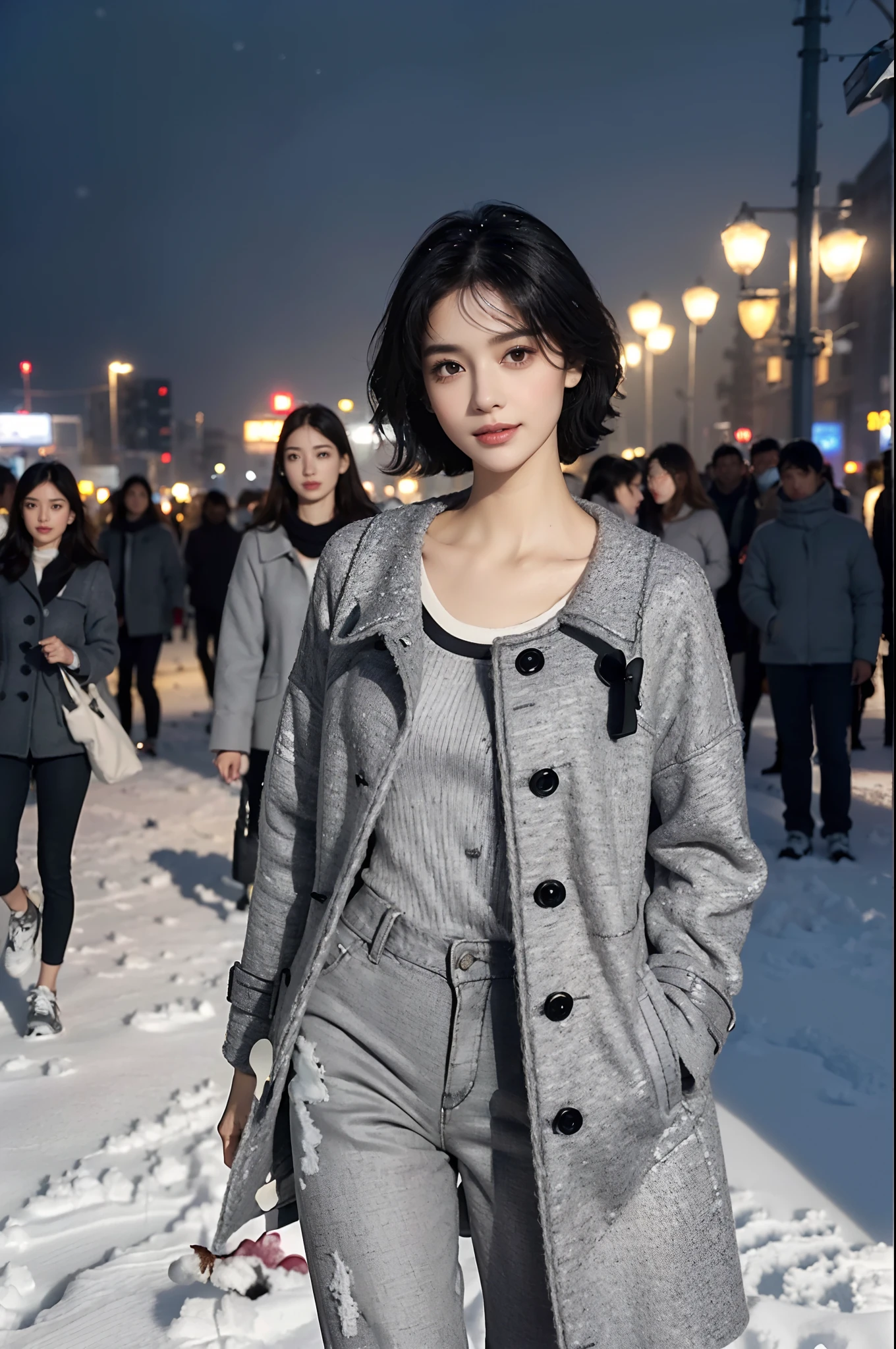(shoulder length straight short black hair:1.2),((((8k))),(Extremely meticulous CG) ,(wallpaper),16k,(Extremely refined and beautiful），（Masterpiece），（best qualtiy：1.0），（Ultra High Resolution：1.0），beautiful light up，Perfect lightning，realistic shaded，[A high resolution],(Smooth and flawless fair skin:1.5),Extremely exquisite facial details,(perfect body：1.1),ultra - detailed,A beautiful girl,small head,(Small breasts:1.1),Flat chests，slim，thin，Smile，cheerfulness,(Light gray woolen coat:1.5),(gray shirt:1.4),(black pants:1.3),(white sneakers:1.2),slender legs,(nightfall:1.5),Sunset light,(Surrounded by a crowded crowd:1.5),At the school gate,(upper body:1.1),from front,(snowy weather:1.1),standing