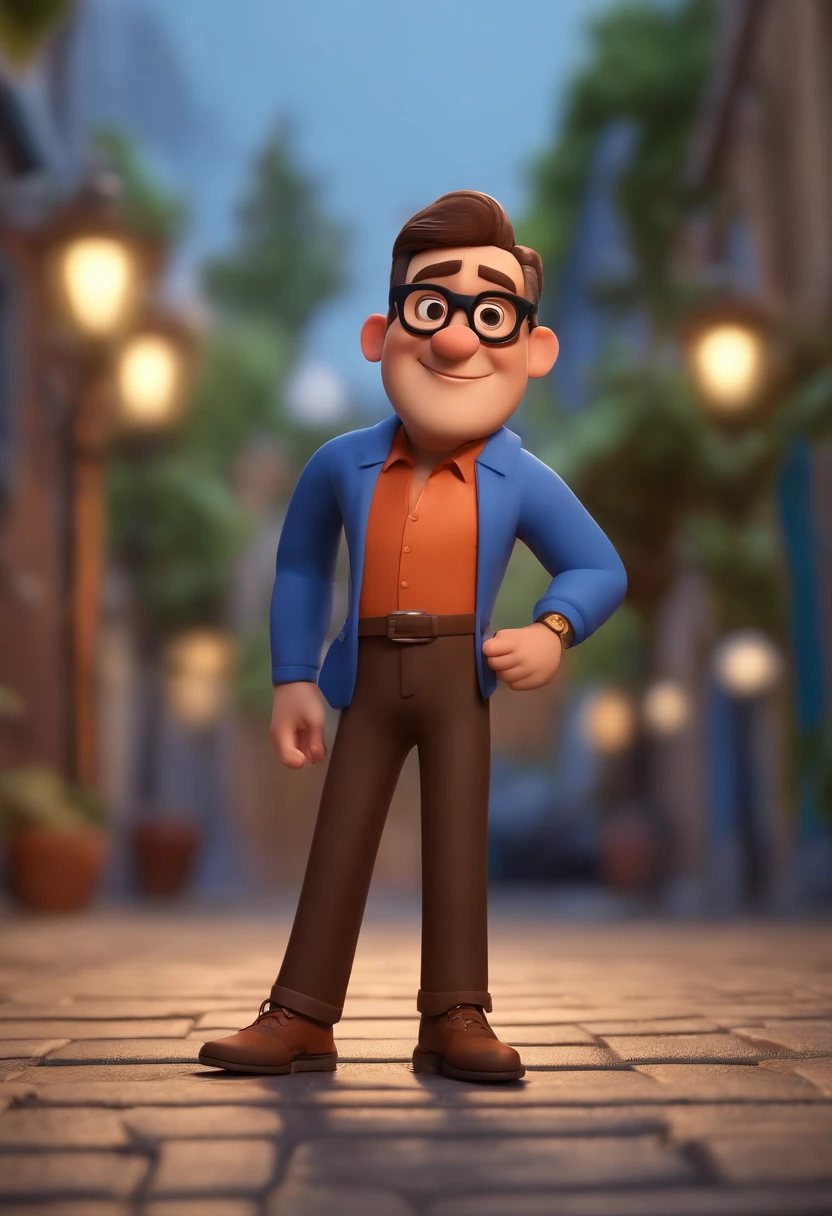 Cartoon character of a man wearing black glasses and a blue shirt, um personagem animado, Caractere estilizado, animation style rendering, 3D estilizado, Arnold Maya render, 3 d render stylized, toon render keyshot, Personagem 3D, Personagem 3D, 3d rendering stylized, 3 d character render, personagem de desenho animado, Personagem de close up, Pose de personagem, (Estilo Pixar) (master part:1.2) (Bokeh) (best quality) (pele detalhada) (textura detalhada) (8k) (argila) (Cinematic lighting) (foco nítido,Senta e vaza a parte superior do corpo