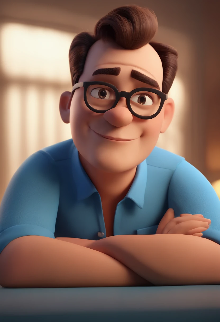 Cartoon character of a man wearing black glasses and a blue shirt, um personagem animado, Caractere estilizado, animation style rendering, 3D estilizado, Arnold Maya render, 3 d render stylized, toon render keyshot, Personagem 3D, Personagem 3D, 3d rendering stylized, 3 d character render, personagem de desenho animado, Personagem de close up, Pose de personagem, (Estilo Pixar) (master part:1.2) (Bokeh) (best quality) (pele detalhada) (textura detalhada) (8k) (argila) (Cinematic lighting) (foco nítido,Senta e vaza a parte superior do corpo