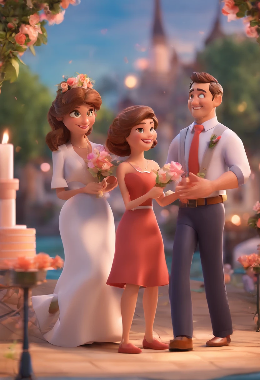 A imagem mostra um homem e uma mulher sentados juntos, With the man holding a guitar. They are both smiling and seem to be enjoying each other's company. Woman holds a bouquet of flowers, Adding a touch of romance to the scene. The man is wearing a tie, which suggests a more formal or special occasion. The couple seems to be sharing a moment of happiness and connection, possibly during a wedding or romantic event. Focus on your cinematic touch, Estilo Disney Pixar Animations