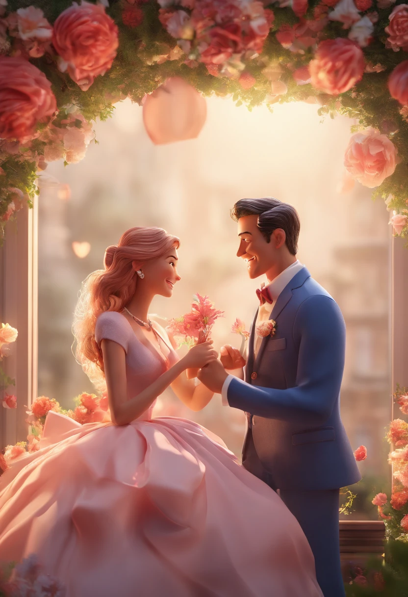 A imagem mostra um homem e uma mulher sentados juntos, With the man holding a guitar. They are both smiling and seem to be enjoying each other's company. Woman holds a bouquet of flowers, Adding a touch of romance to the scene. The man is wearing a tie, which suggests a more formal or special occasion. The couple seems to be sharing a moment of happiness and connection, possibly during a wedding or romantic event. Focus on your cinematic touch, Estilo Disney Pixar Animations
