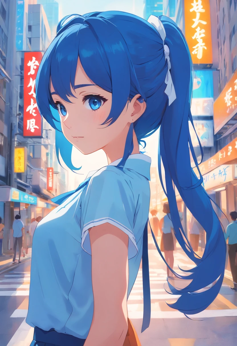 whaite hair，Double ponytail curls，blue colored eyes，White ta，Beth，Busy city streets