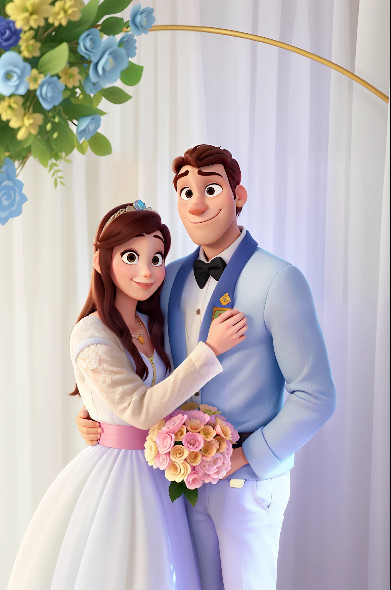Casal (homem e mulher branca) no estilo Disney Pixar, alta qualidade, melhor qualidade.