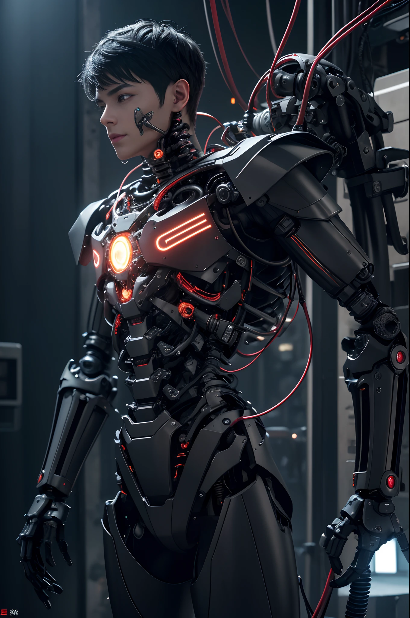1 Only the upper body was hung,The skeleton and internal circuits of the machine are built,Mechanical Boy,((super realistic details)),and countless cables extending from the back,Glowing red camera eye,A small sparkling blue crystal on the left chest,Half of the jaw is a machine,Boat Rate,globalillumination,Shadu,octan render,8K,ultrasharp,metal,Convolut,Ornament Detail,Cold color,Egyptian Detail,highly intricate detail,Realistic luminescence,Trends in CGS Society、radiant eyes、Camera orientation、Neon Detail、Mechanical limbs、Blood vessels connected to tubes、Mechanical vertebrae attached to the back、Mechanical cervical neck is attached,、Sedentary posture、Wires and cables tied to the head、Short-haired handsome with black hair、Connected to many cables、The exterior emits LEDs that have no color、android、Half of the body is mechanical、Internal structure of the machine、Lots of wires and cables、to be continued,Chest armor purge,Exposed internal combustion engine,Arm in the process of being made,