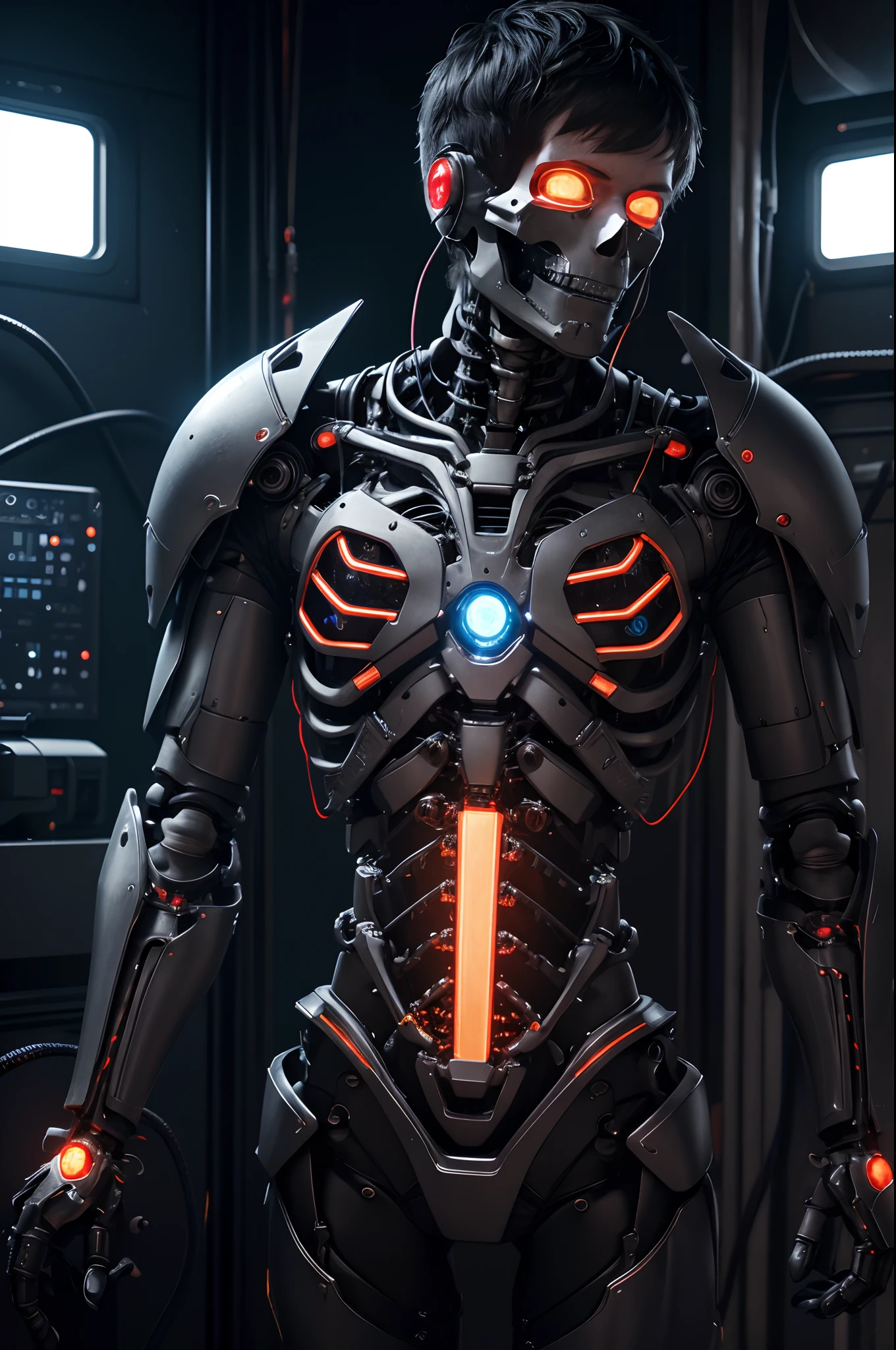 1 Only the upper body was hung,The skeleton and internal circuits of the machine are built,Mechanical Boy,((super realistic details)),and countless cables extending from the back,Glowing red camera eye,A small sparkling blue crystal on the left chest,Half of the jaw is a machine,Boat Rate,globalillumination,Shadu,octan render,8K,ultrasharp,metal,Convolut,Ornament Detail,Cold color,Egyptian Detail,highly intricate detail,Realistic luminescence,Trends in CGS Society、radiant eyes、Camera orientation、Neon Detail、Mechanical limbs、Blood vessels connected to tubes、Mechanical vertebrae attached to the back、Mechanical cervical neck is attached,、Sedentary posture、Wires and cables tied to the head、Short-haired handsome with black hair、Connected to many cables、The exterior emits LEDs that have no color、android、Half of the body is mechanical、Internal structure of the machine、Lots of wires and cables、to be continued,Chest armor purge,Exposed internal combustion engine,Arm in the process of being made,