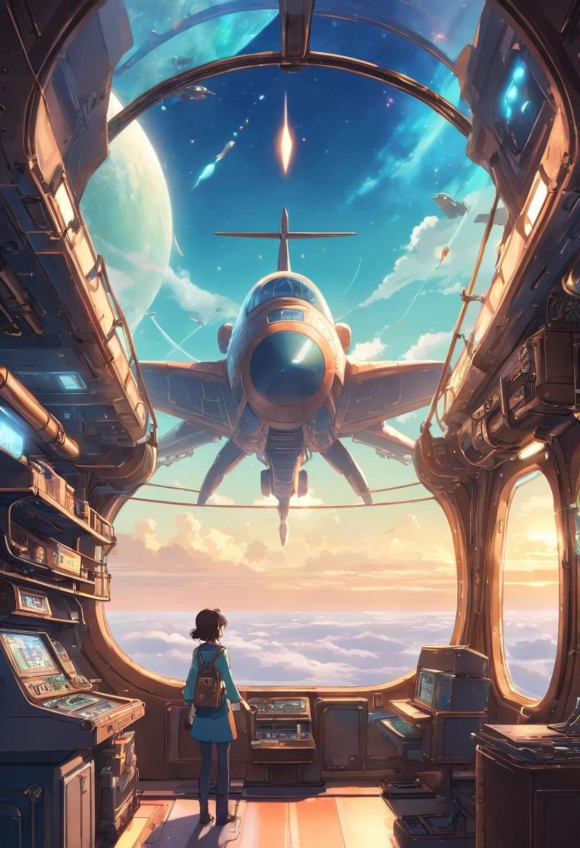 The steampunk look of the spaceship. Through the window,You can see the landscape of an alien planet, The entire space is filled with work consoles with electronics and screens, Full-HD