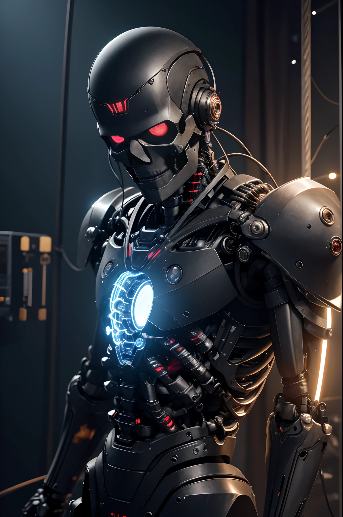 1 Only the upper body was hung,The skeleton and internal circuits of the machine are built,Mechanical Boy,((super realistic details)),and countless cables extending from the back,Glowing red camera eye,A small sparkling blue crystal on the left chest,Half of the jaw is a machine,Boat Rate,globalillumination,Shadu,octan render,8K,ultrasharp,metal,Convolut,Ornament Detail,Cold color,Egyptian Detail,highly intricate detail,Realistic luminescence,Trends in CGS Society、radiant eyes、Camera orientation、Neon Detail、Mechanical limbs、Blood vessels connected to tubes、Mechanical vertebrae attached to the back、Mechanical cervical neck is attached,、Sedentary posture、Wires and cables tied to the head、Short-haired handsome with black hair、Connected to many cables、The exterior emits LEDs that have no color、android、Half of the body is mechanical、Internal structure of the machine、Lots of wires and cables、to be continued,Chest armor purge,Exposed internal combustion engine,Arm in the process of being made,