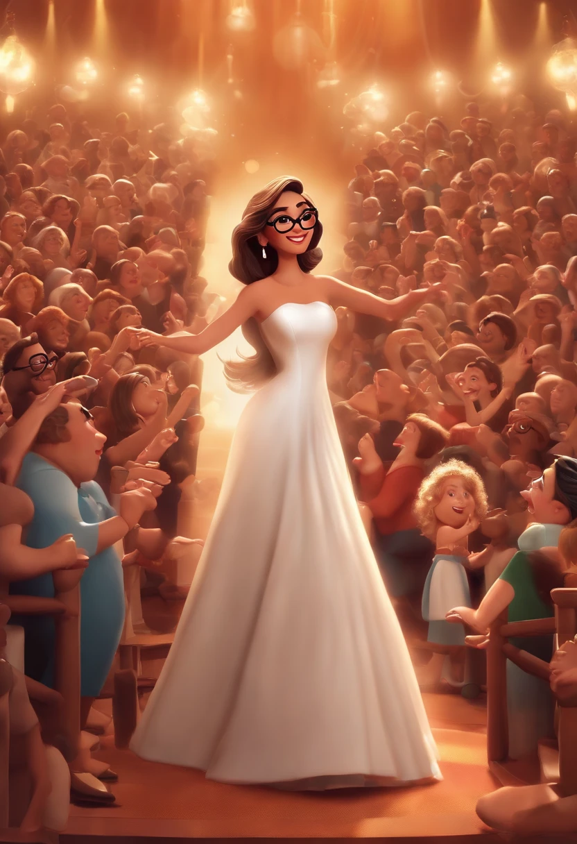 "(best quality,ultra-detalhado,Realistic:1.37),3D rendering,illustration,design de personagens,cabelos curtos e cacheados escuros,belos olhos detalhados,wearing white glasses,Estilo Pixar,morena mulher,Dancing on the Disney stage,atmosfera animada,vivid colors,luzes de palco,expression joyful"