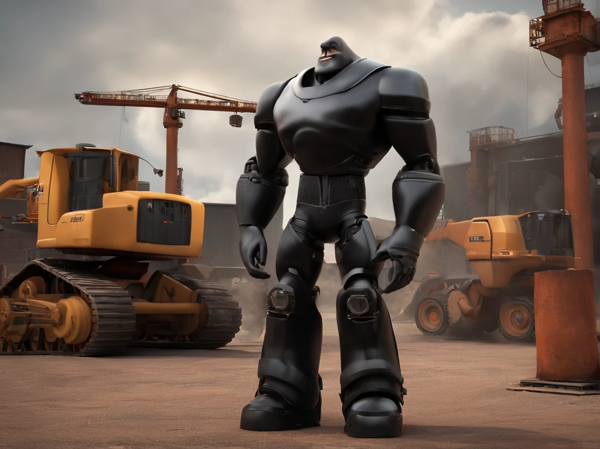 Personagem de desenho animado de um homem de camisa preta com gola, um personagem animado, pose de personagem, que represente uma empresa, Personagem 3D, In front of heavy machinery, industriais, estilo Pixar, com alta qualidade. with multiple poses.