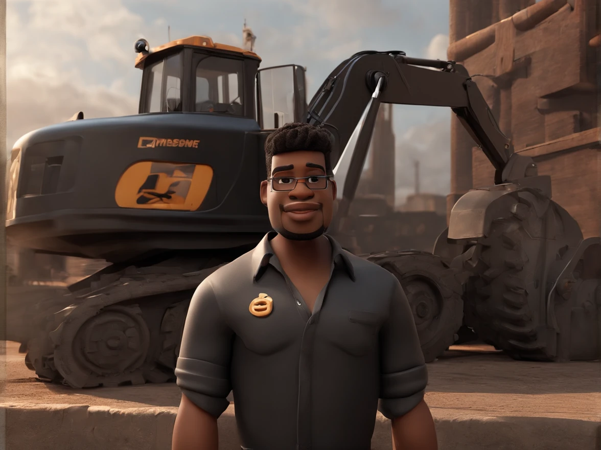 Personagem de desenho animado de um homem de camisa preta com gola, um personagem animado, pose de personagem, que represente uma empresa, Personagem 3D, In front of heavy machinery, industriais, estilo Pixar, com alta qualidade. with multiple poses.