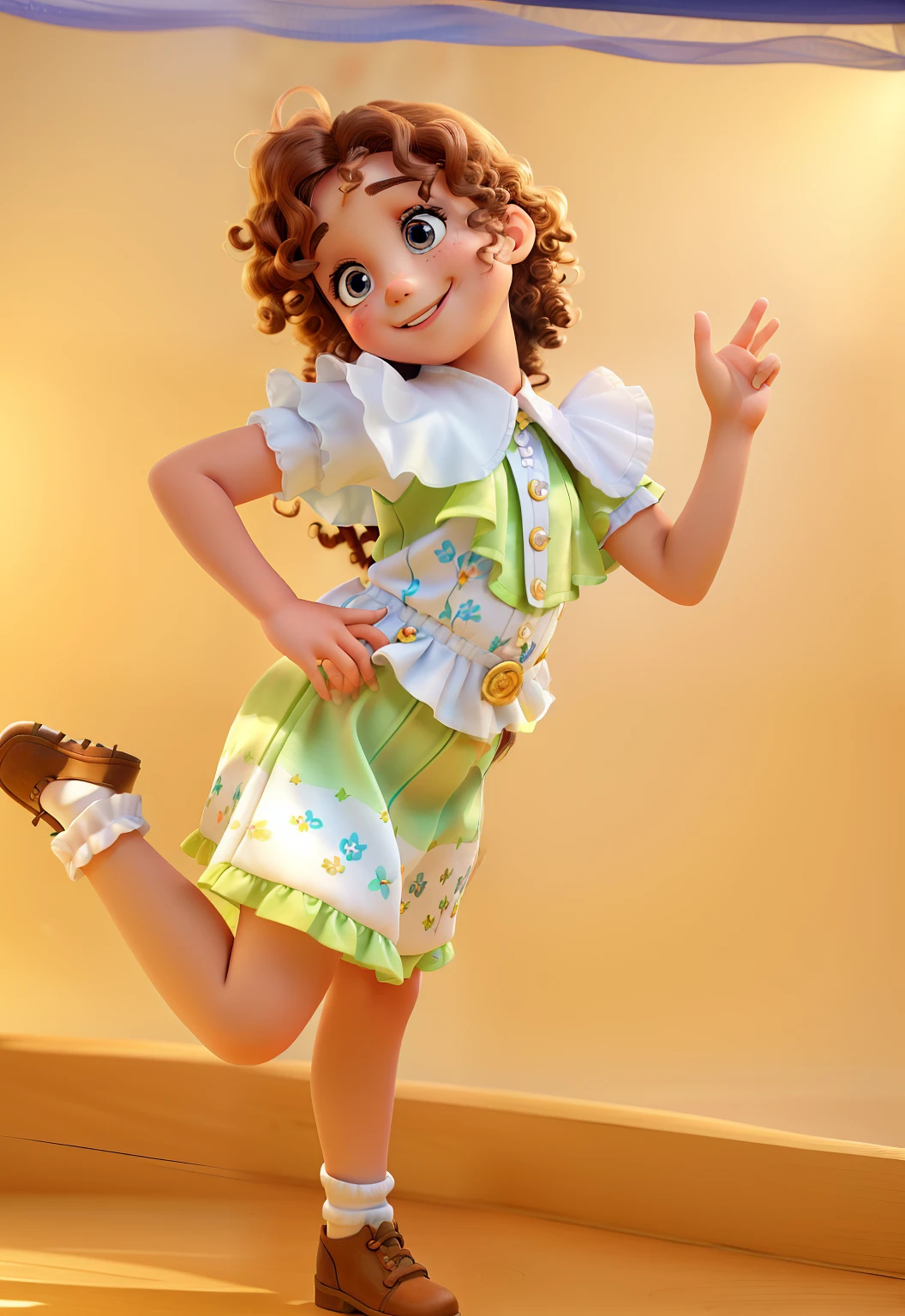 Child posing for photo,portrait,beautiful detailed eyes,beautiful detailed lips,smiling face,curly hair,cheerful expression,playful,innocent,white dress,fairy tale background,studio lighting,warm colors,soft light,sweet and natural pose,masterpiece:1.2,ultra-detailed,photorealistic,sharp focus,vivid colors