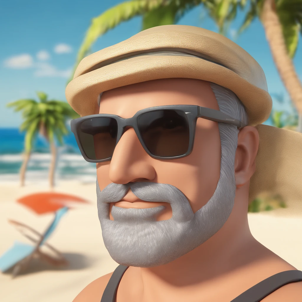 Homem, 45 anos, of sunglasses, cabelos curtos, barba por fazer, listening to music, na praia, feliz