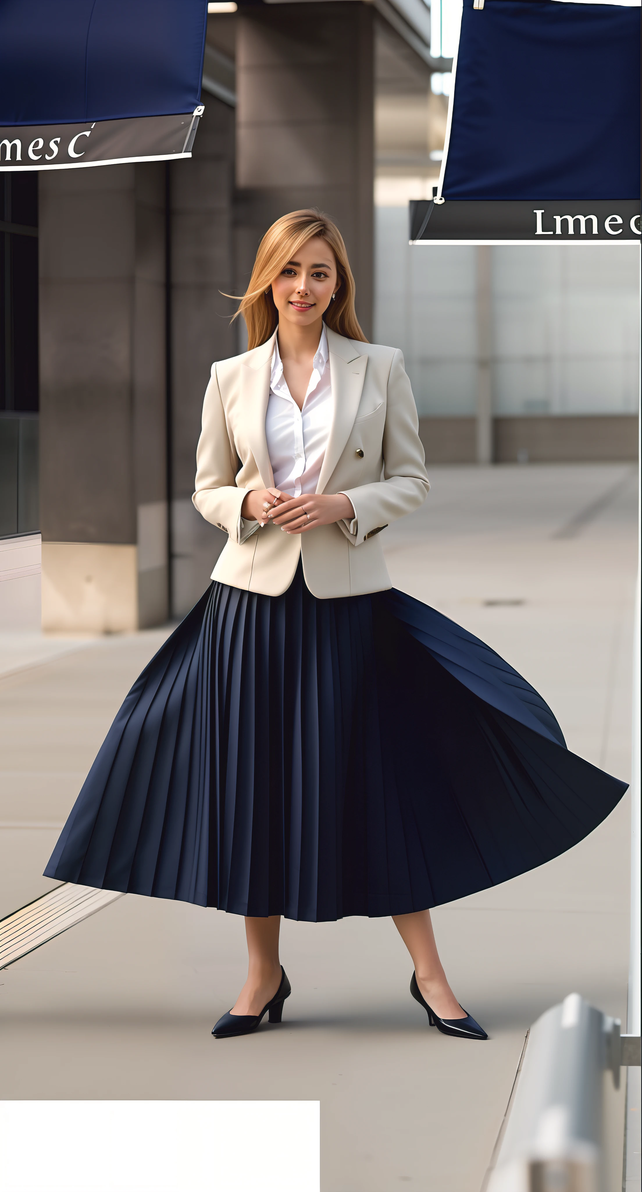 (shy:1,2) (smiling;1,1) woman playing with skirt, dancing, wearing short blazer and very very detailed (long (fully pleated) full circle skirt) and (simple) low heeled office shoes, very very intricate hyper-detailed symmetric (attractive graceful young feminine face) with (sad, tired eyes and a shy smile), large breasts, full of empathy and compassion and love, (pronounced (feminine) features), (highly detailed ultra accurate realistic) hands and fingers, (windy conditions and wind blowing), epic composition, highly detailed attributes, highly detailed space station background, (35mm f1.4 Kodak portra 400 photograph), extremely high quality RAW photograph,