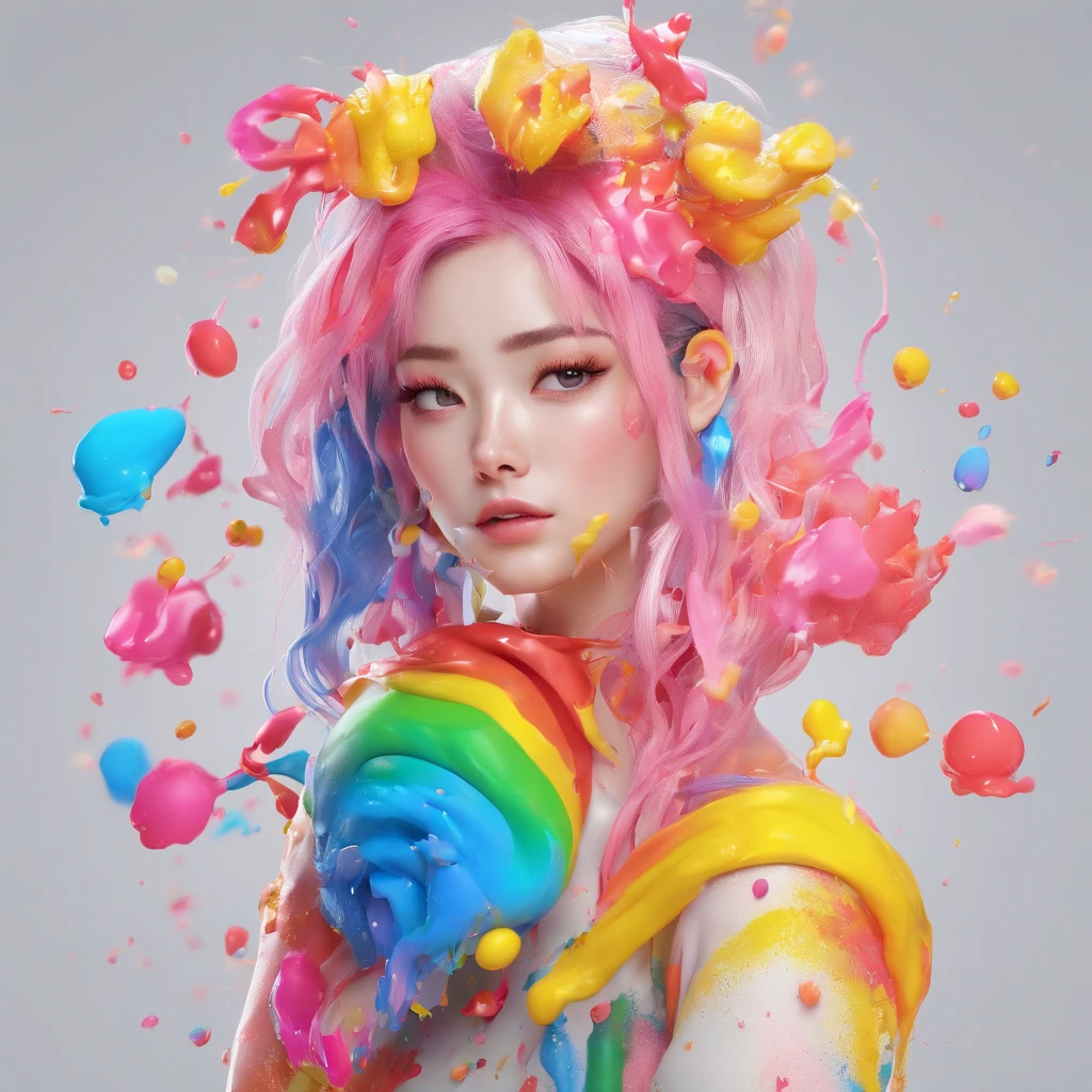 (Masterpiece, Best Quality, High Resolution), White Background, ((Paint Splash, Color Splash, Splash of Ink, Color Splash)), Sweet Chinese Girl, Rainbow Hair, Pink Lips, Front, Upper Body