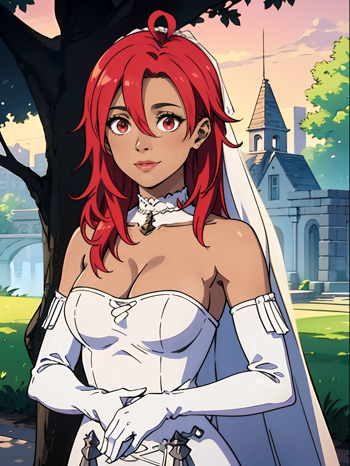 1girl hair between eyes, ahoge, tanned skin, red eyes, red hair, star \(symbol\), hair ornament, dress, cleavage, bare shoulders, collarbone, long white elbow gloves, white gloves, white dress, white choker, strapless, tiara, veil, strapless dress, wedding dress, bridal veil, beautiful woman, perfect body, perfect breasts, wearing a wedding dress, ball gown, in the park trees, wedding decorations, a in love smile, realism, masterpiece, textured skin, super detail, high detail, high quality, best quality, 1080p, 16k