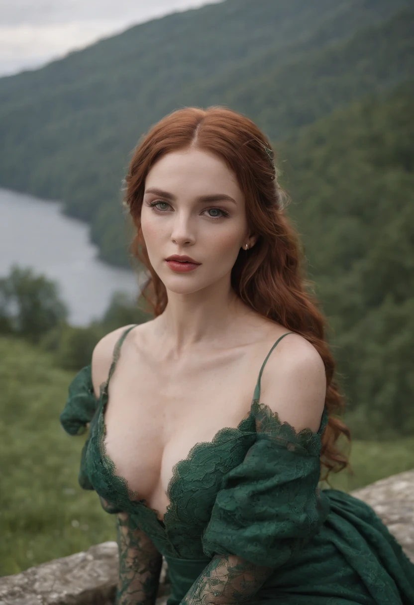 style:photo | Triss Merrigold, Over The Knee Boots, Hands In Her Hair, as a twenty_year_old woman, beautiful, lipstick, muscular, small_ass, abs, long_legs, perfect_body, oiled_body, caucasian, irish, fur, high_heel_shoes, medieval, traditional, topless, green_clothing, intricate lace design, explicit_nudity, elegant ballgown, freckled_face, huge_breasts, lush_lashes