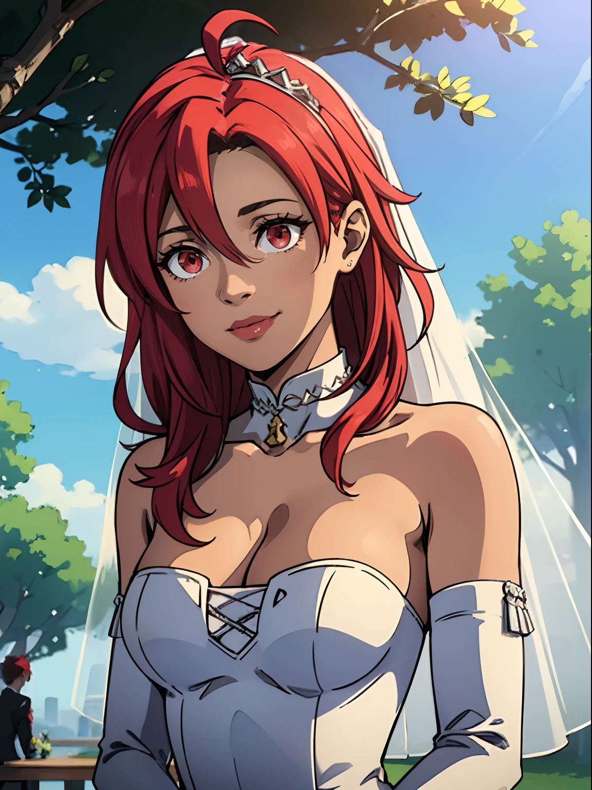 1girl hair between eyes, ahoge, tanned skin, red eyes, red hair, star \(symbol\), hair ornament, dress, cleavage, bare shoulders, collarbone, long white elbow gloves, white gloves, white dress, white choker, strapless, tiara, veil, strapless dress, wedding dress, bridal veil, beautiful woman, perfect body, perfect breasts, wearing a wedding dress, ball gown, in the park trees, wedding decorations, a in love smile, realism, masterpiece, textured skin, super detail, high detail, high quality, best quality, 1080p, 16k