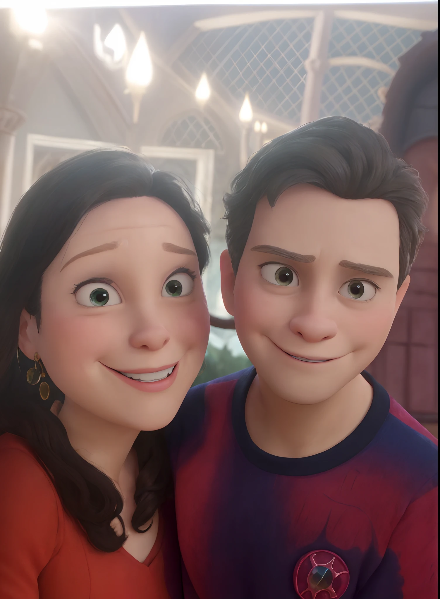 Mother and son as Disney characters in a magical castle, felizes e com coroas