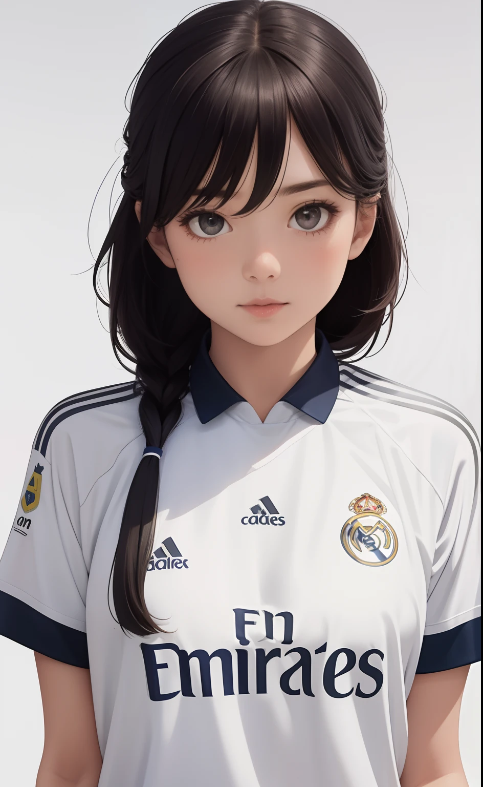1girl, solo, real madrid jersey, tied hair, high tight