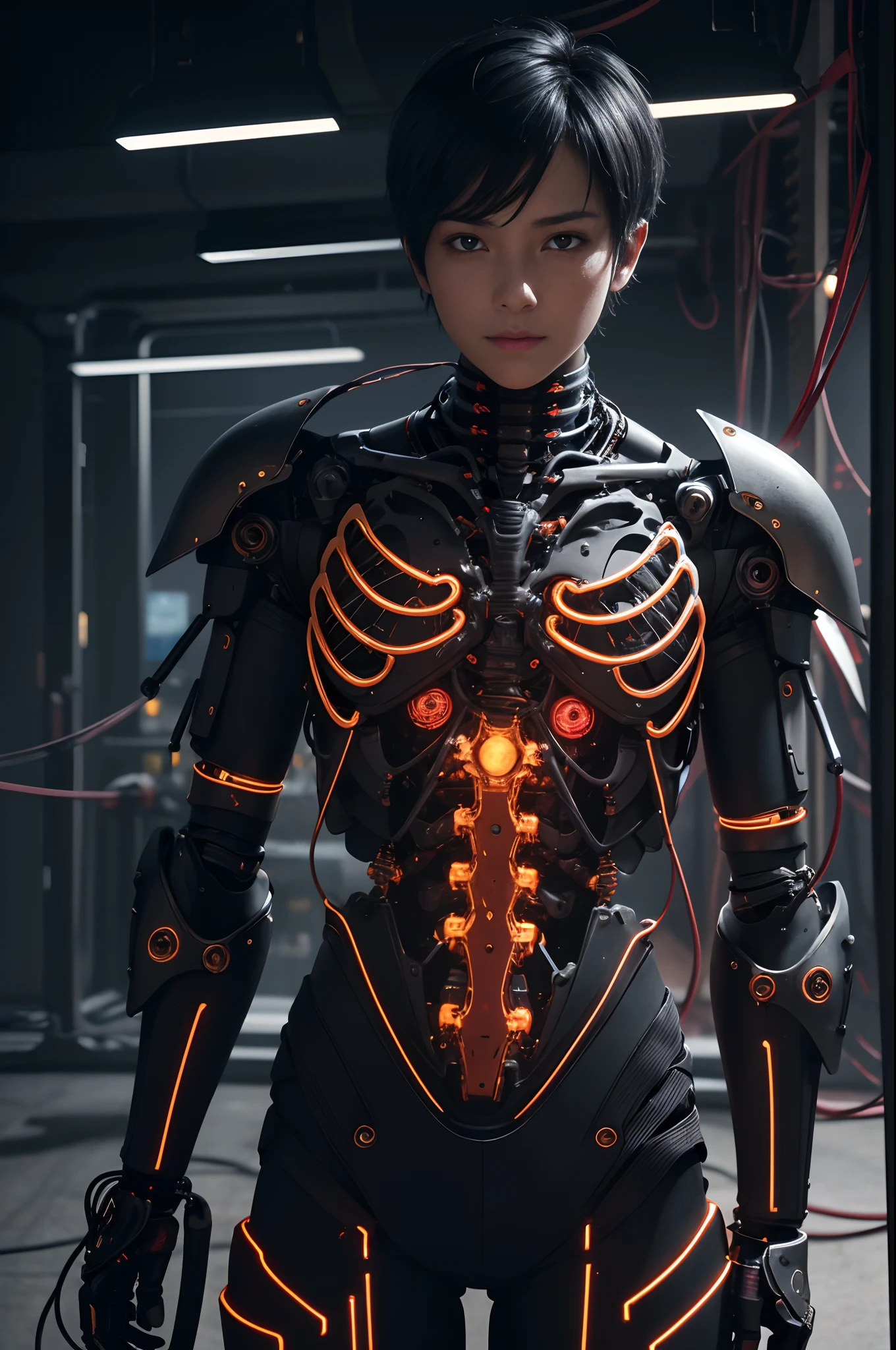 1 Only the upper body was hung,The skeleton and internal circuits of the machine are built,Mechanical Boy,((super realistic details)),and countless cables extending from the back,Glowing red camera eye,A small sparkling blue crystal on the left chest,Half of the jaw is a machine,Boat Rate,globalillumination,Shadu,octan render,8K,ultrasharp,metal,Convolut,Ornament Detail,Cold color,Egyptian Detail,highly intricate detail,Realistic luminescence,Trends in CGS Society、radiant eyes、Camera orientation、Neon Detail、Mechanical limbs、Blood vessels connected to tubes、Mechanical vertebrae attached to the back、Mechanical cervical neck is attached,、Sedentary posture、Wires and cables tied to the head、Short-haired handsome with black hair、Connected to many cables、The exterior emits LEDs that have no color、android、Half of the body is mechanical、Internal structure of the machine、Lots of wires and cables、to be continued,Chest armor purge,Exposed internal combustion engine,Left arm in progress,Peeled shoulder armor,