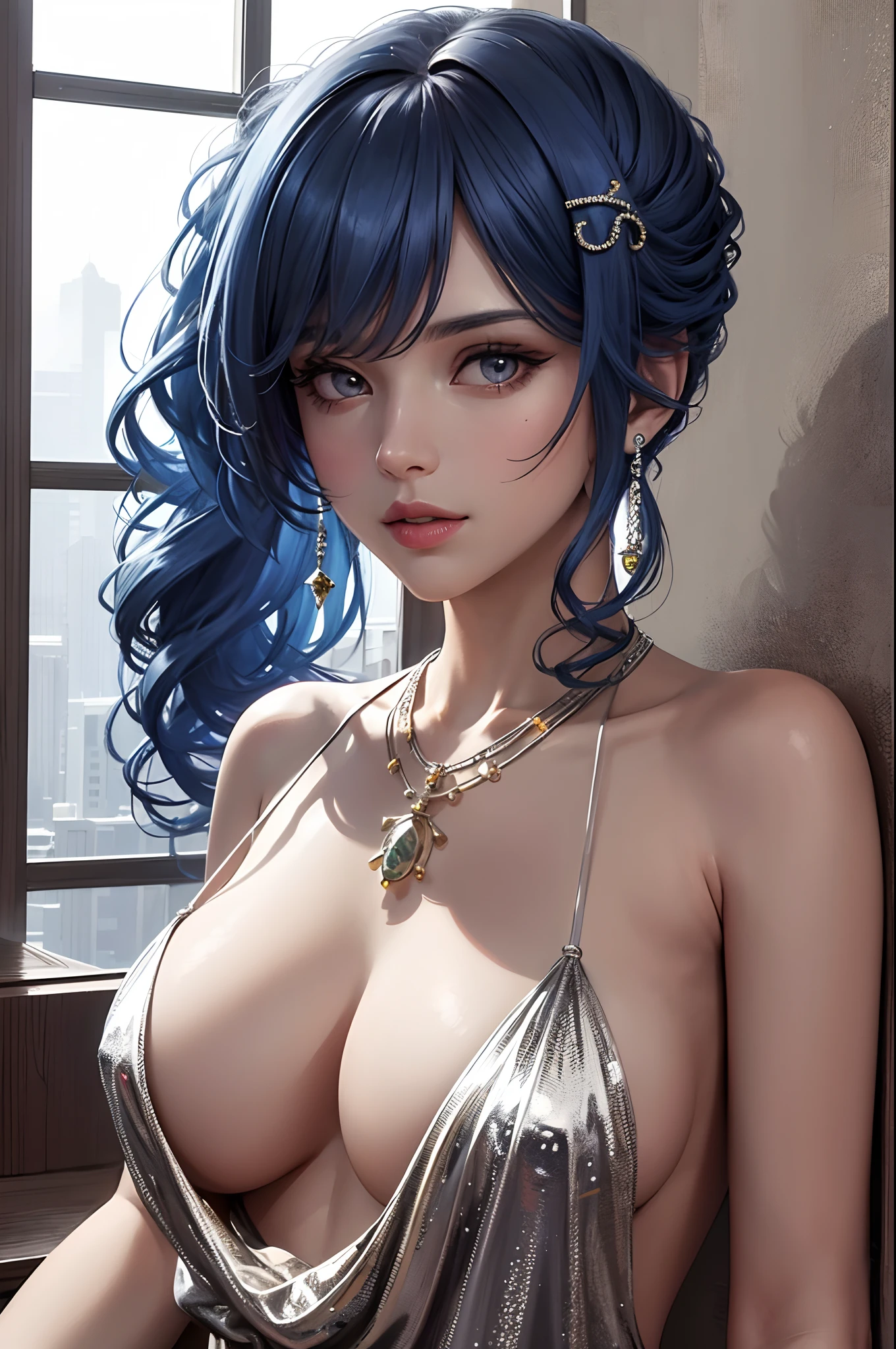 ((masterpiece, best quality)),
st. louis \(luxurious wheels\) \(azur lane\), highres, highest quallity, illustration, cinematic light, ultra detailed, detailed face, (detailed eyes), best quality, hyper detailed, masterpiece, (detailed face), large breasts, hair ornament, earrings, necklace, portrait, silver dress, revealing clothes,highest details, luminous eyes, (hotel:1.2), sitting in bed, sitting, bed, window, night sky, backlighting, light rays, (high contrast), (colorful),