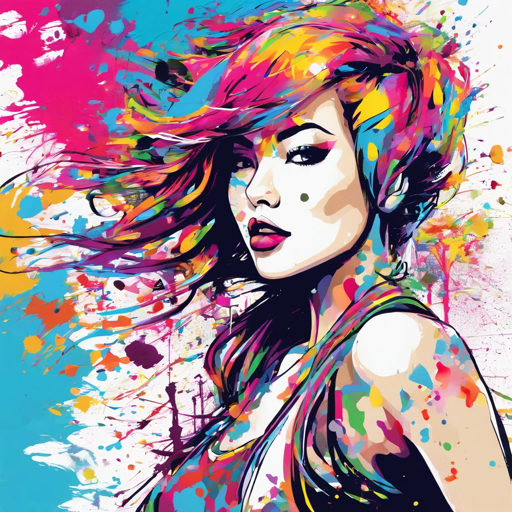 (Masterpiece, Best Quality, High Resolution), White Background, ((Paint Splash, Color Splash, Splash of Ink, Color Splash)), Sweet Chinese Girl, Rainbow Hair, Pink Lips, Front, Upper Body